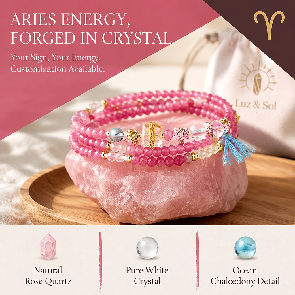 Aries zodiac triple-wrap bracelet with faceted pink tourmaline, clear quartz and aquamarine beads, gold-tone ram charm a