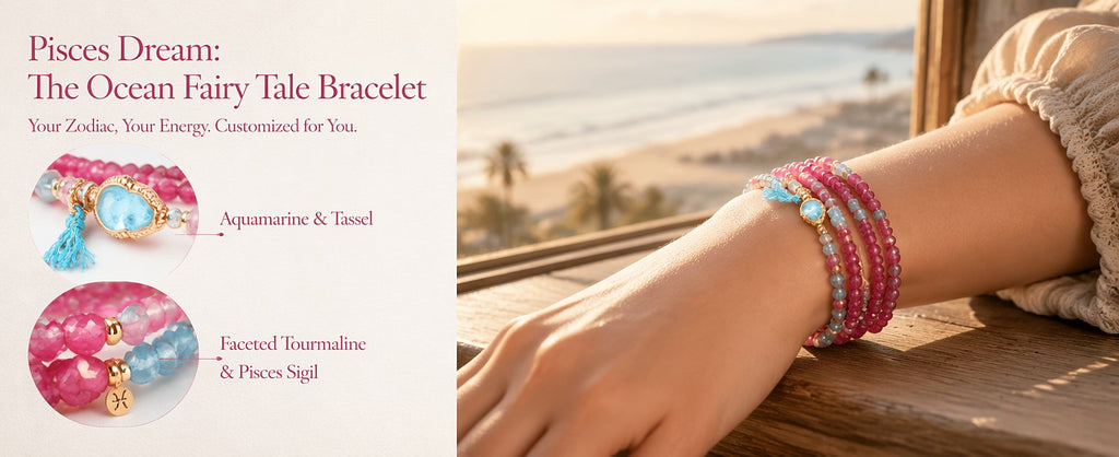 Pisces zodiac triple-wrap bracelet with faceted pink tourmaline and aquamarine mini beads, gold-tone Pisces charm, aquam