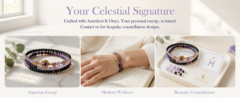 Aquarius zodiac triple-wrap bracelet with faceted black tourmaline mini-beads, 8mm amethyst statement bead, gold-tone zo