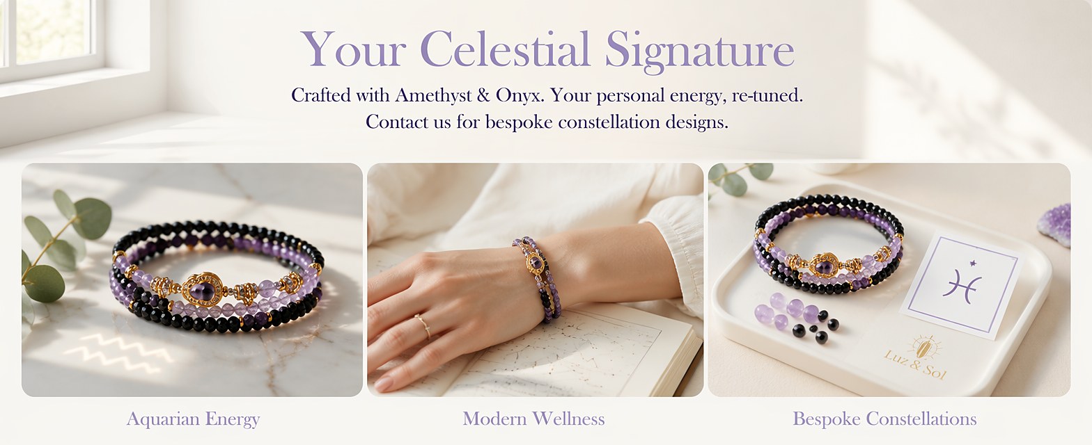 Aquarius zodiac triple-wrap bracelet with faceted black tourmaline mini-beads, 8mm amethyst statement bead, gold-tone zo