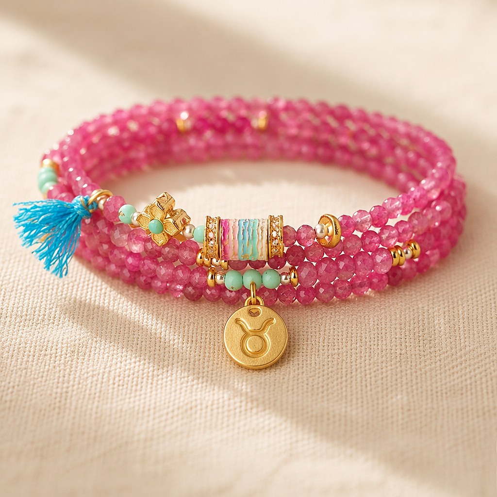 Taurus zodiac triple-wrap bracelet with faceted pink tourmaline mini-beads, turquoise accents, gold-tone Taurus charm an