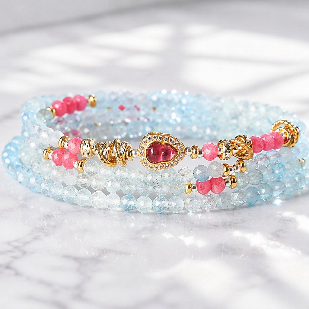 Virgo zodiac wrap bracelet with faceted aquamarine and pink tourmaline mini beads, gold-tone heart charm and silk tassel