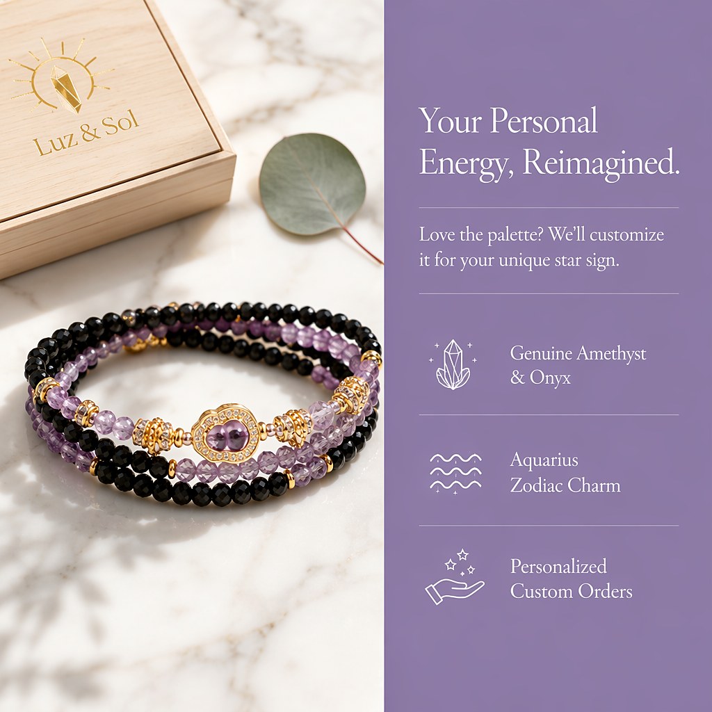 Aquarius zodiac triple-wrap bracelet with faceted black tourmaline mini-beads, 8mm amethyst statement bead, gold-tone zo