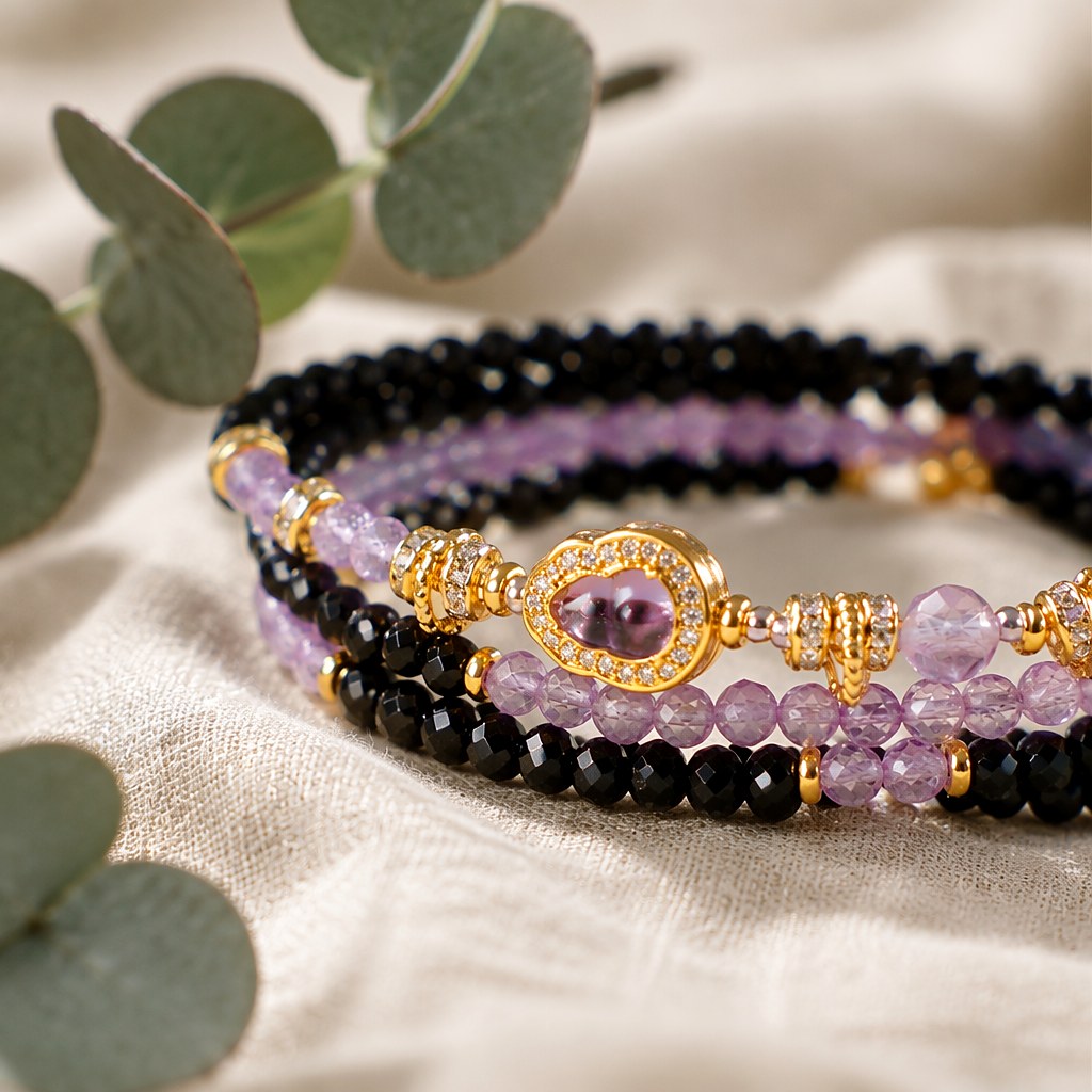 Aquarius zodiac triple-wrap bracelet with faceted black tourmaline mini-beads, 8mm amethyst statement bead, gold-tone zo