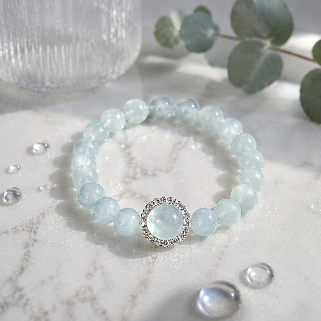 Ocean's Whisper pale blue aquamarine beaded stretch bracelet with silver-tone pave halo charm