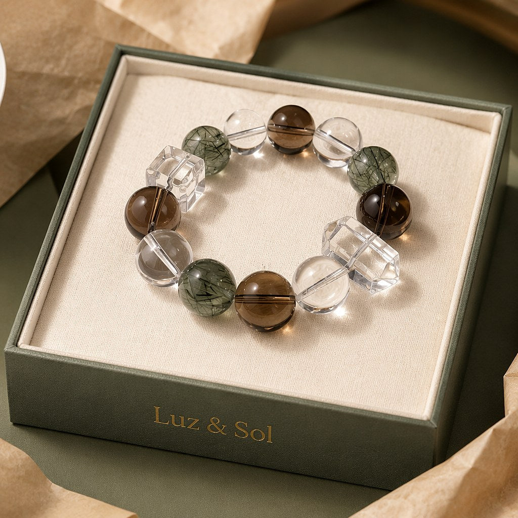 Misty Grove bracelet with large 14mm smoky quartz, green rutilated quartz and clear quartz beads on clear elastic cord