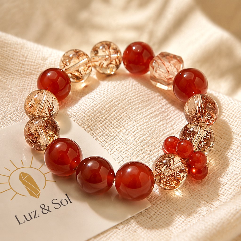 Blazing Sun Agate bracelet with cherry-red agate rounds, gold-foil flecked champagne quartz beads and a faceted strawber