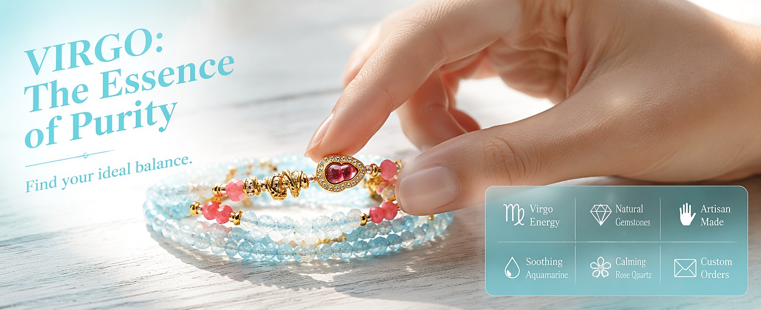 Virgo zodiac wrap bracelet with faceted aquamarine and pink tourmaline mini beads, gold-tone heart charm and silk tassel