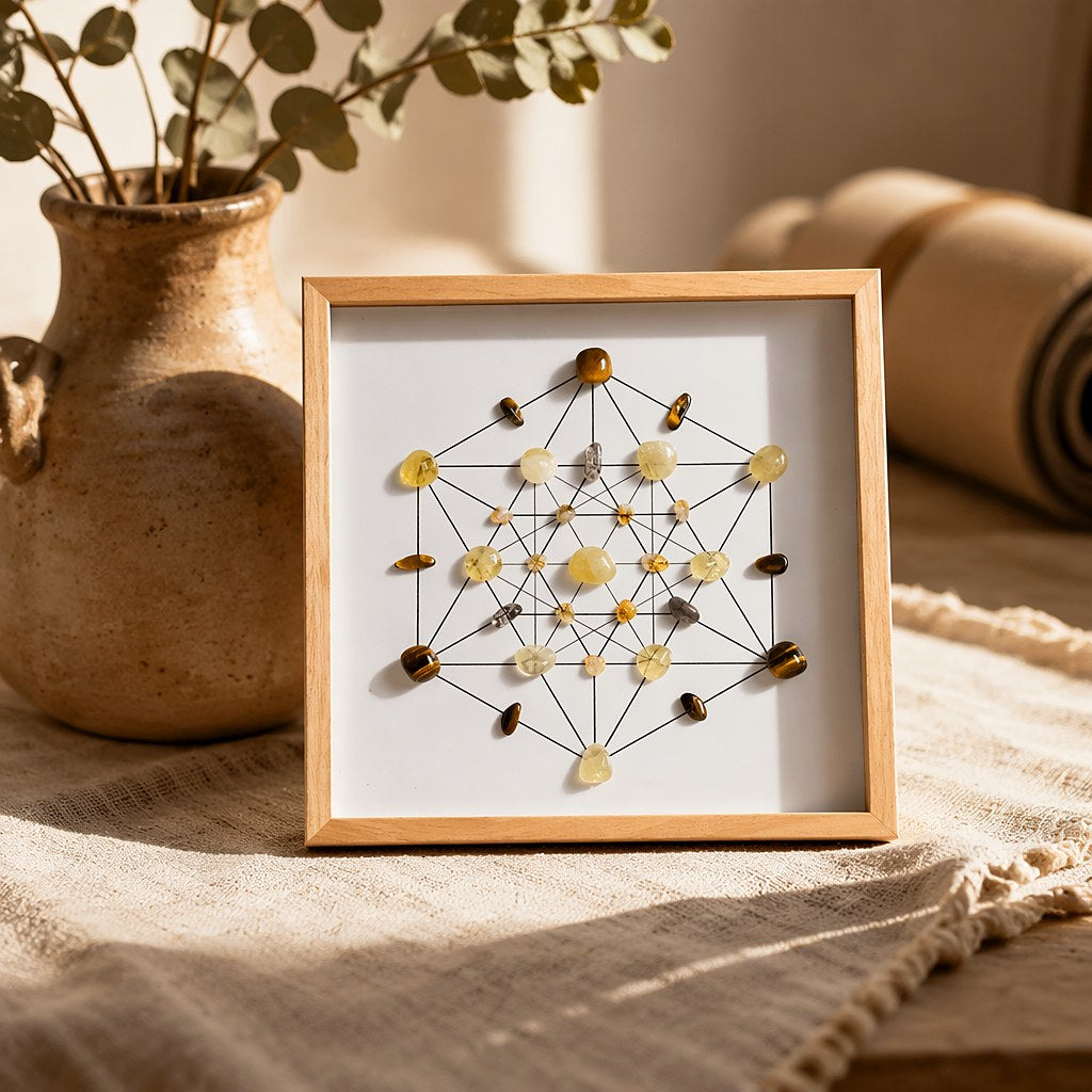 Citrine, tiger's eye and smoky quartz crystal grid set in a square natural light-wood frame, hexagonal Metatron's cube l