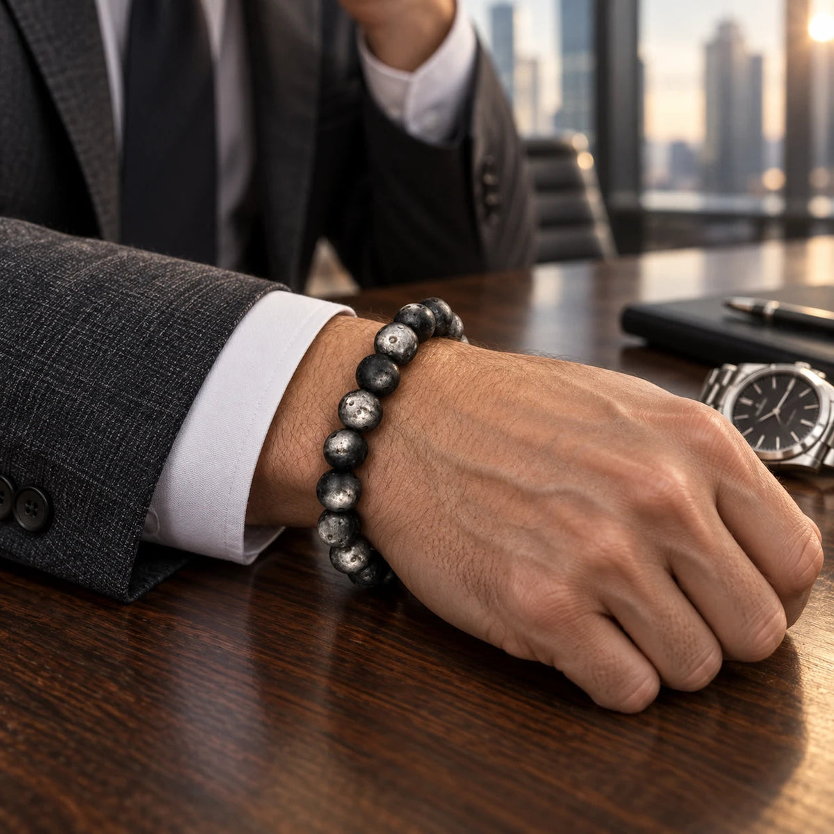 Moon-Crater Silver Obsidian Bracelet — natural crystal for him scene 1