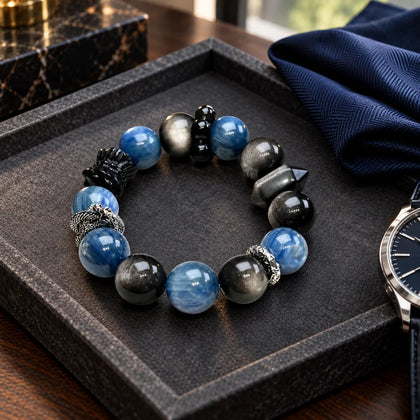 14mm Silver Obsidian Kyanite Bracelet