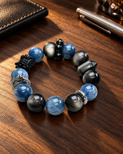 14mm Silver Obsidian Kyanite Bracelet — natural crystal for him scene 2