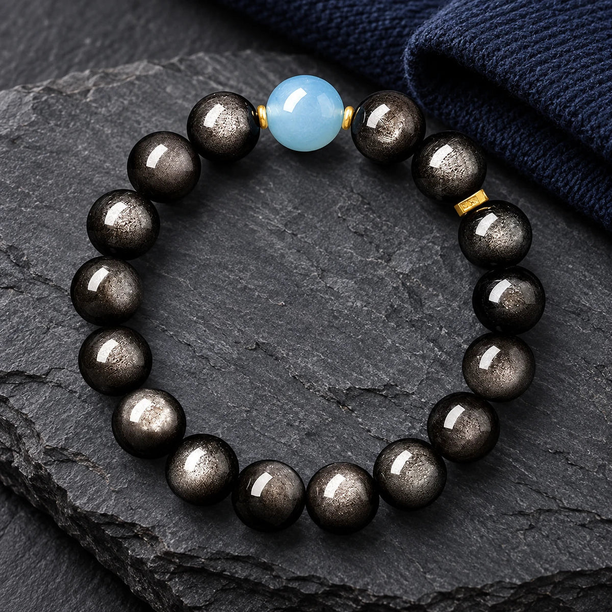 Black Obsidian Aquamarine Bracelet — natural crystal for him scene 2