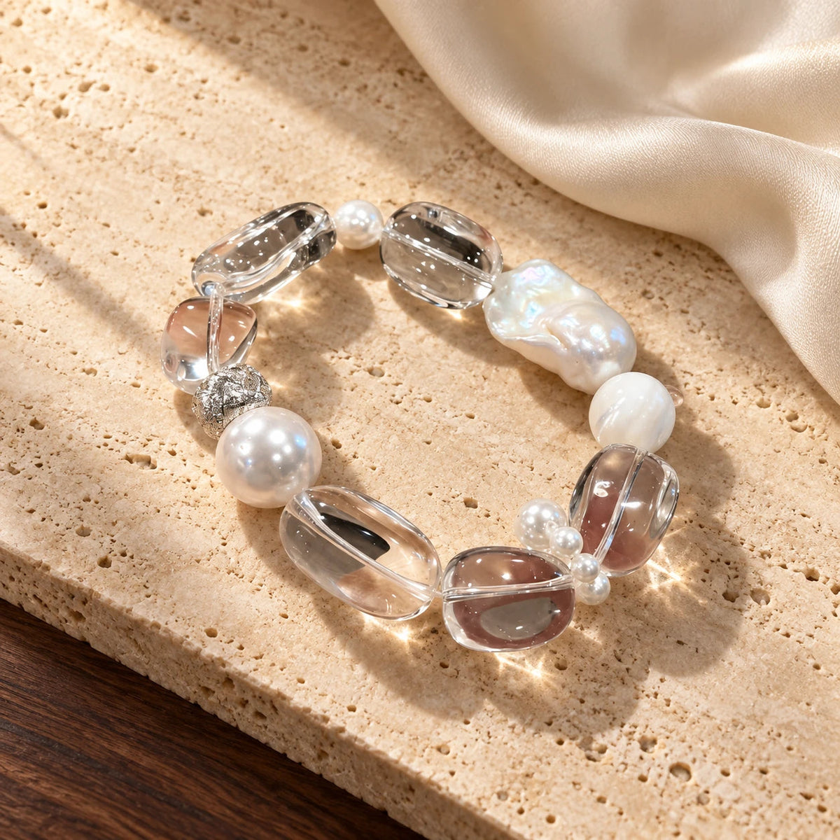 Pearl & Clear Quartz Natural Crystal Bracelet — natural crystal for her scene 1