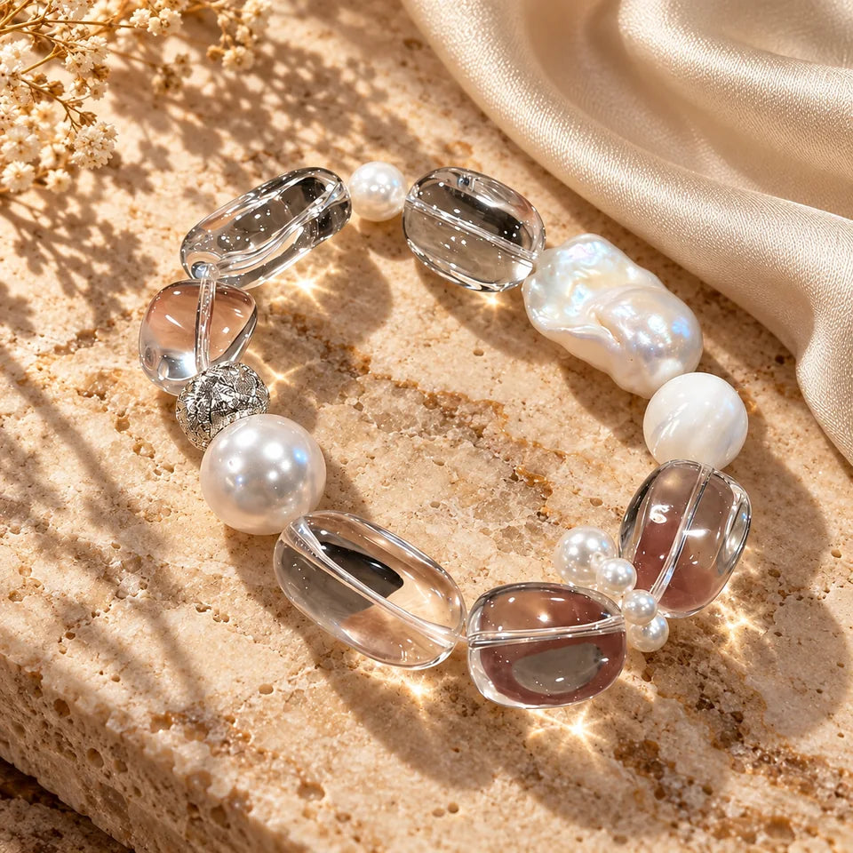 Pearl & Clear Quartz Natural Crystal Bracelet — natural crystal for her scene 3