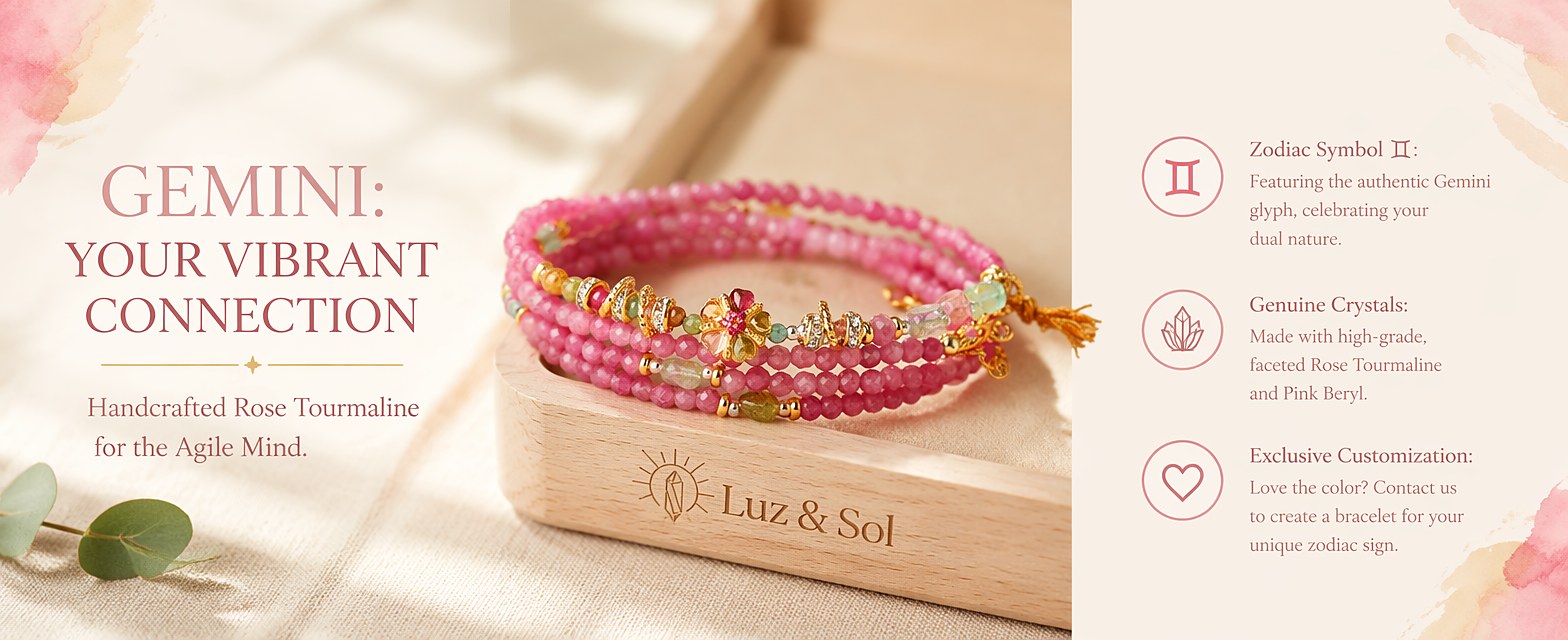 Gemini zodiac triple-wrap bracelet in faceted pink and multicolor tourmaline with sterling silver five-petal flower char