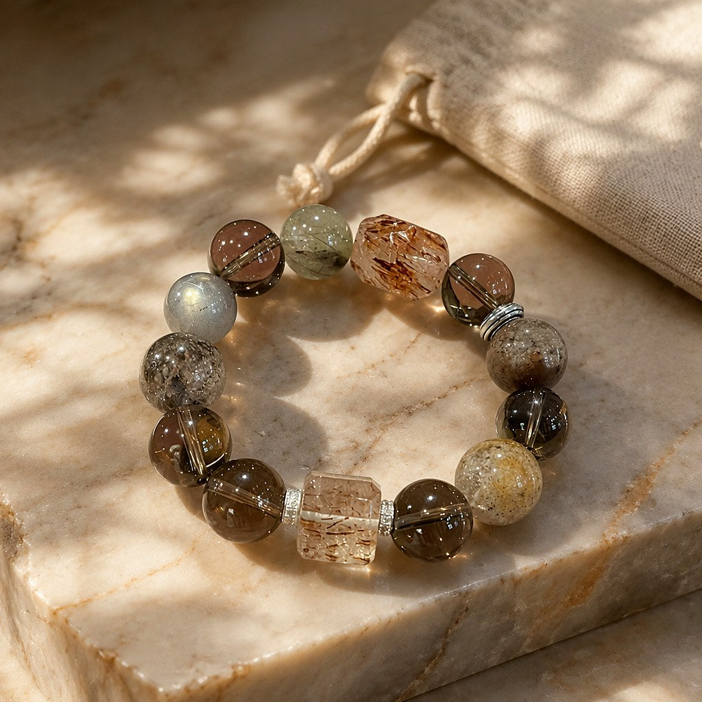 Tierra Dorada super seven, smoky quartz, green phantom quartz and moonstone beaded stretch bracelet in earthy brown, sag