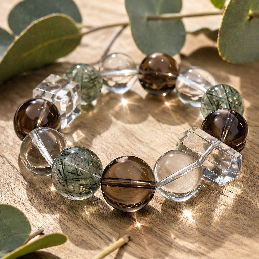 Misty Grove bracelet with large 14mm smoky quartz, green rutilated quartz and clear quartz beads on clear elastic cord