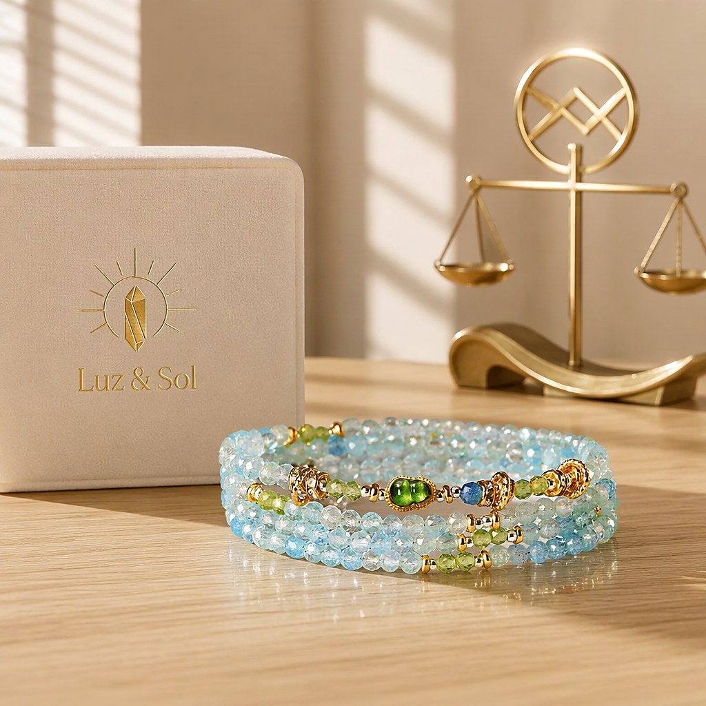 Libra zodiac triple-wrap bracelet with faceted aquamarine and 3mm prehnite mini beads, gold-tone gourd charm and silk ta
