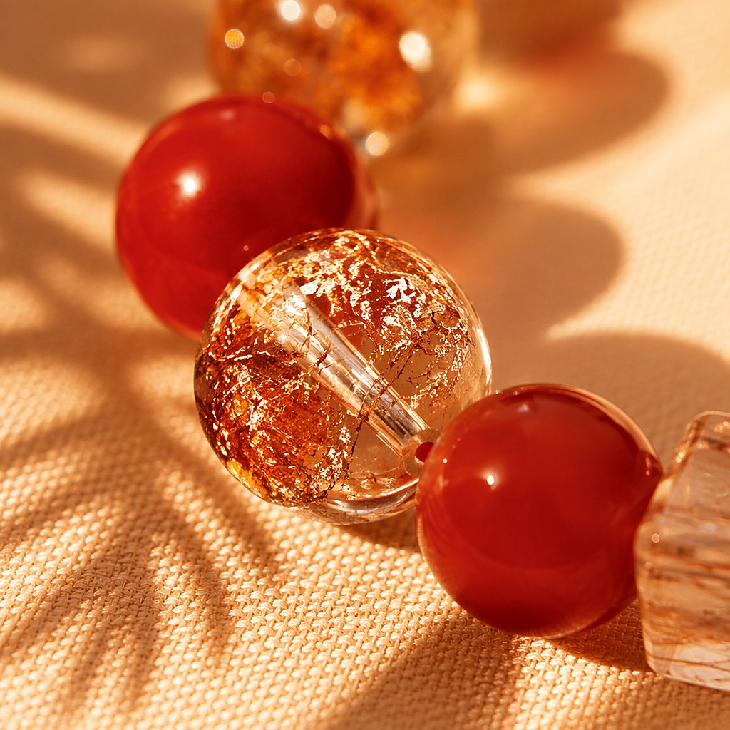 Blazing Sun Agate bracelet with cherry-red agate rounds, gold-foil flecked champagne quartz beads and a faceted strawber