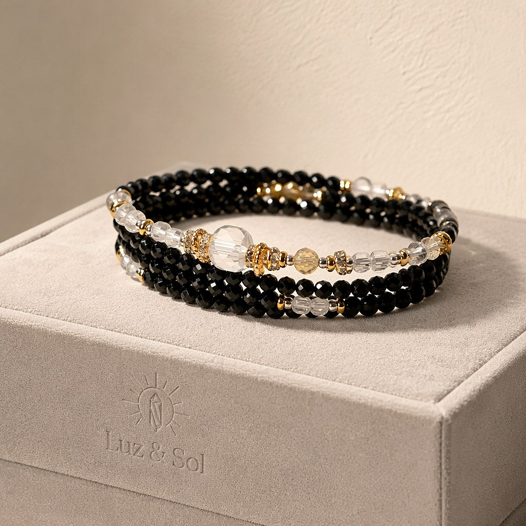 Scorpio zodiac triple-wrap bracelet in faceted black tourmaline with a 7mm clear quartz statement bead, citrine accents,