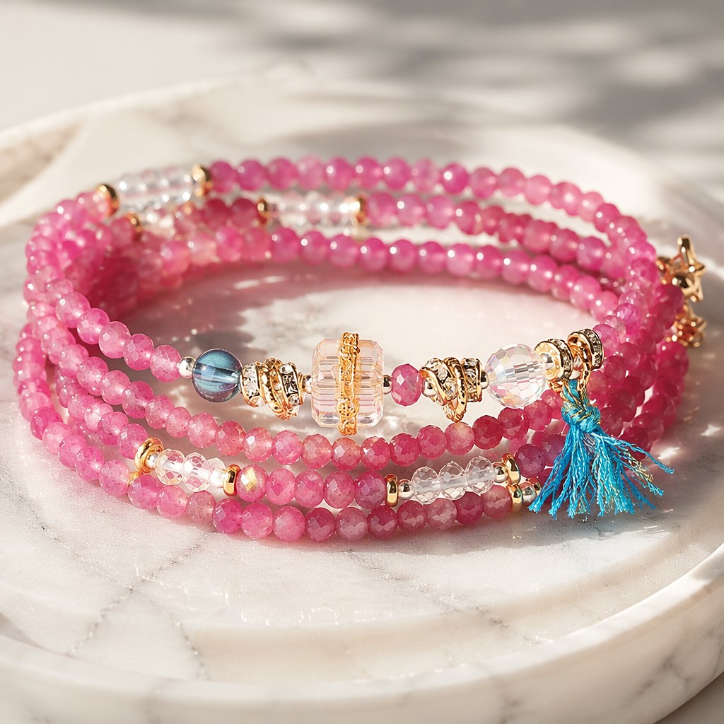 Aries zodiac triple-wrap bracelet with faceted pink tourmaline, clear quartz and aquamarine beads, gold-tone ram charm a