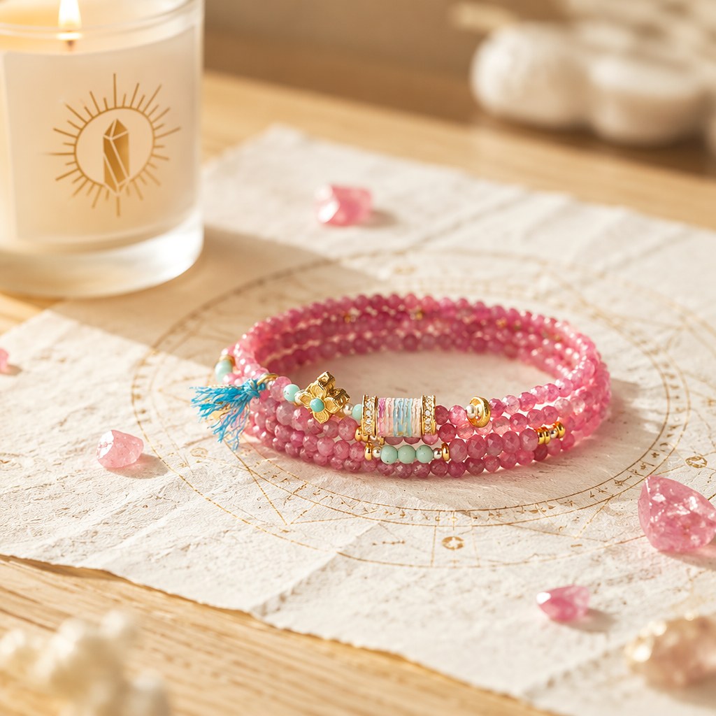 Taurus zodiac triple-wrap bracelet with faceted pink tourmaline mini-beads, turquoise accents, gold-tone Taurus charm an
