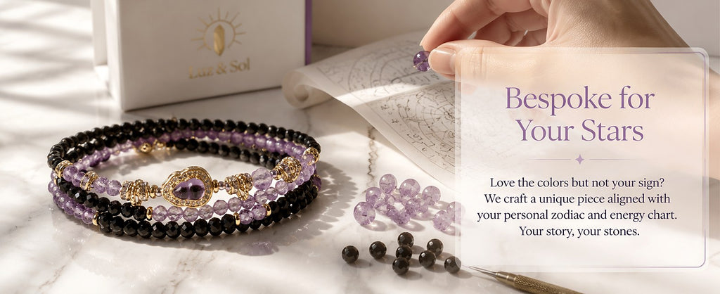 Aquarius zodiac triple-wrap bracelet with faceted black tourmaline mini-beads, 8mm amethyst statement bead, gold-tone zo