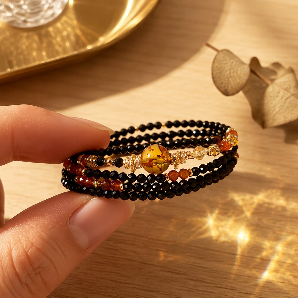 Capricorn zodiac triple-wrap bracelet with faceted black tourmaline beads, flower amber statement bead, citrine accents,