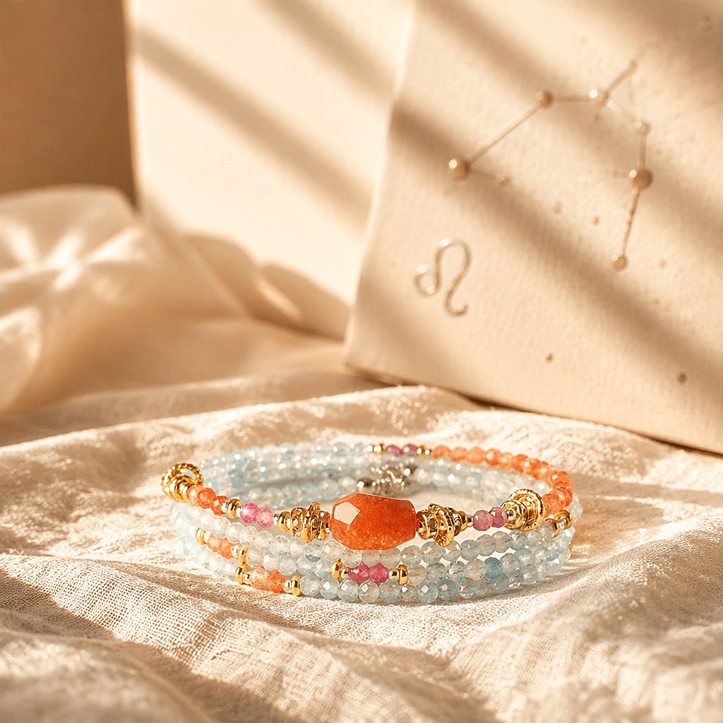 Leo zodiac triple-wrap bracelet with faceted blue aquamarine mini beads, 13mm sunstone statement bead, pink tourmaline a