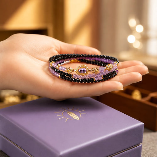 Aquarius zodiac triple-wrap bracelet with faceted black tourmaline mini-beads, 8mm amethyst statement bead, gold-tone zo