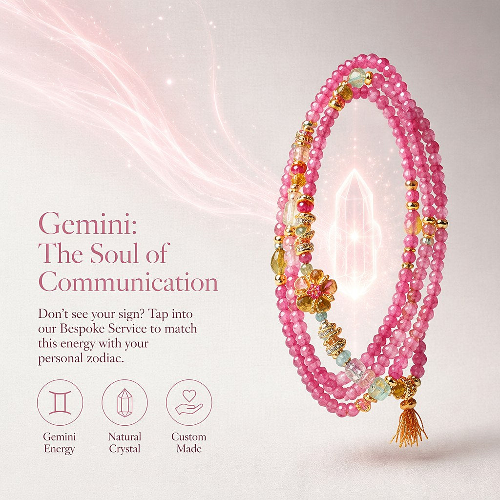Gemini zodiac triple-wrap bracelet in faceted pink and multicolor tourmaline with sterling silver five-petal flower char