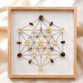 Citrine, tiger's eye and smoky quartz crystal grid set in a square natural light-wood frame, hexagonal Metatron's cube l