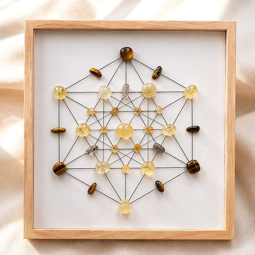 Citrine, tiger's eye and smoky quartz crystal grid set in a square natural light-wood frame, hexagonal Metatron's cube l