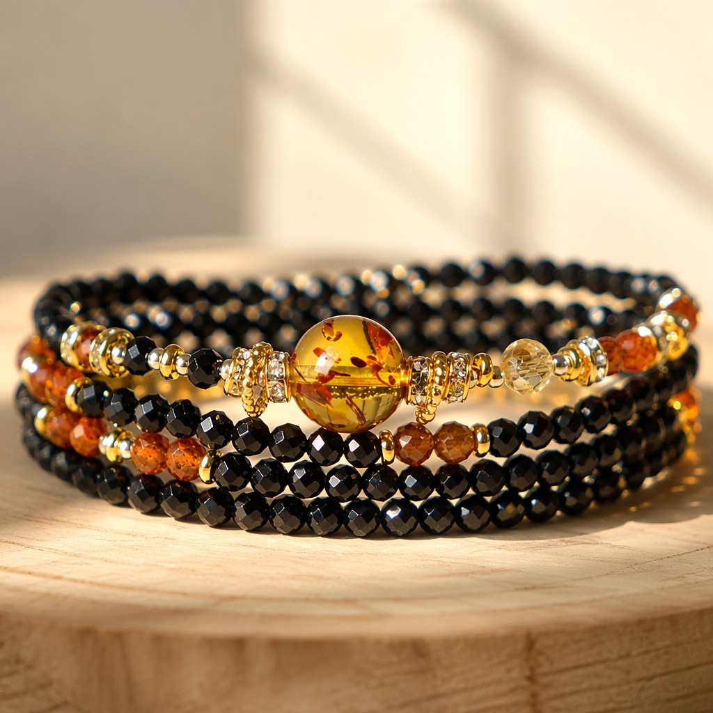 Capricorn zodiac triple-wrap bracelet with faceted black tourmaline beads, flower amber statement bead, citrine accents,
