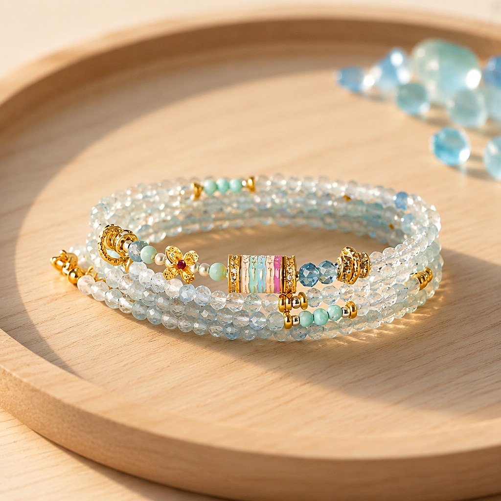 Cancer zodiac triple-wrap bracelet in 3mm faceted aquamarine with turquoise accents, five-color enamel barrel bead, gold