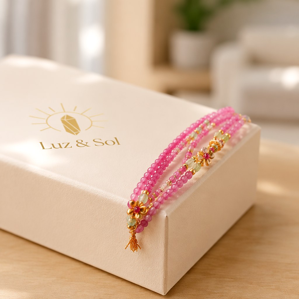 Gemini zodiac triple-wrap bracelet in faceted pink and multicolor tourmaline with sterling silver five-petal flower char