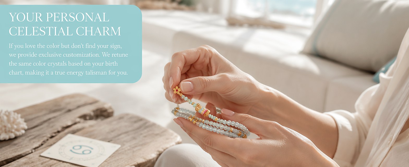Cancer zodiac triple-wrap bracelet in 3mm faceted aquamarine with turquoise accents, five-color enamel barrel bead, gold