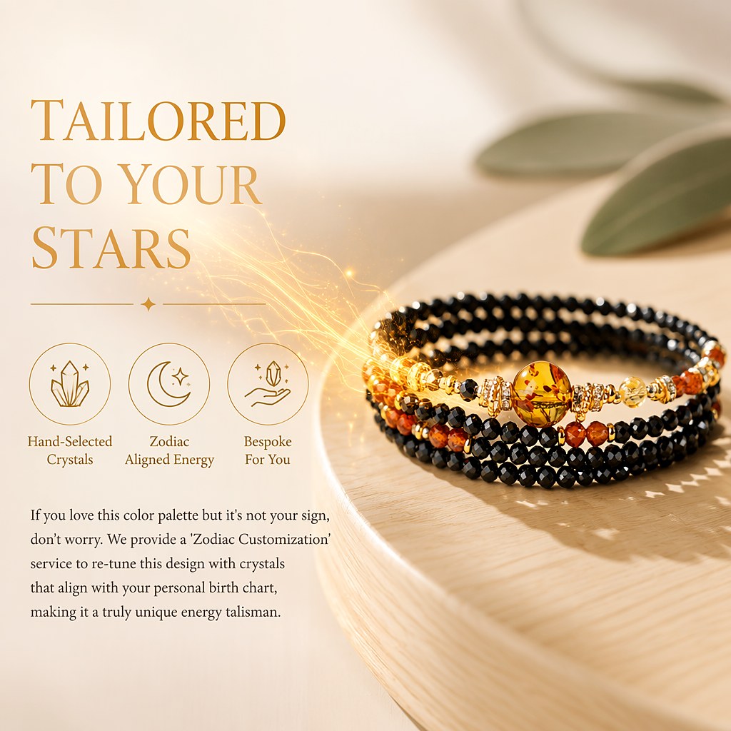 Capricorn zodiac triple-wrap bracelet with faceted black tourmaline beads, flower amber statement bead, citrine accents,