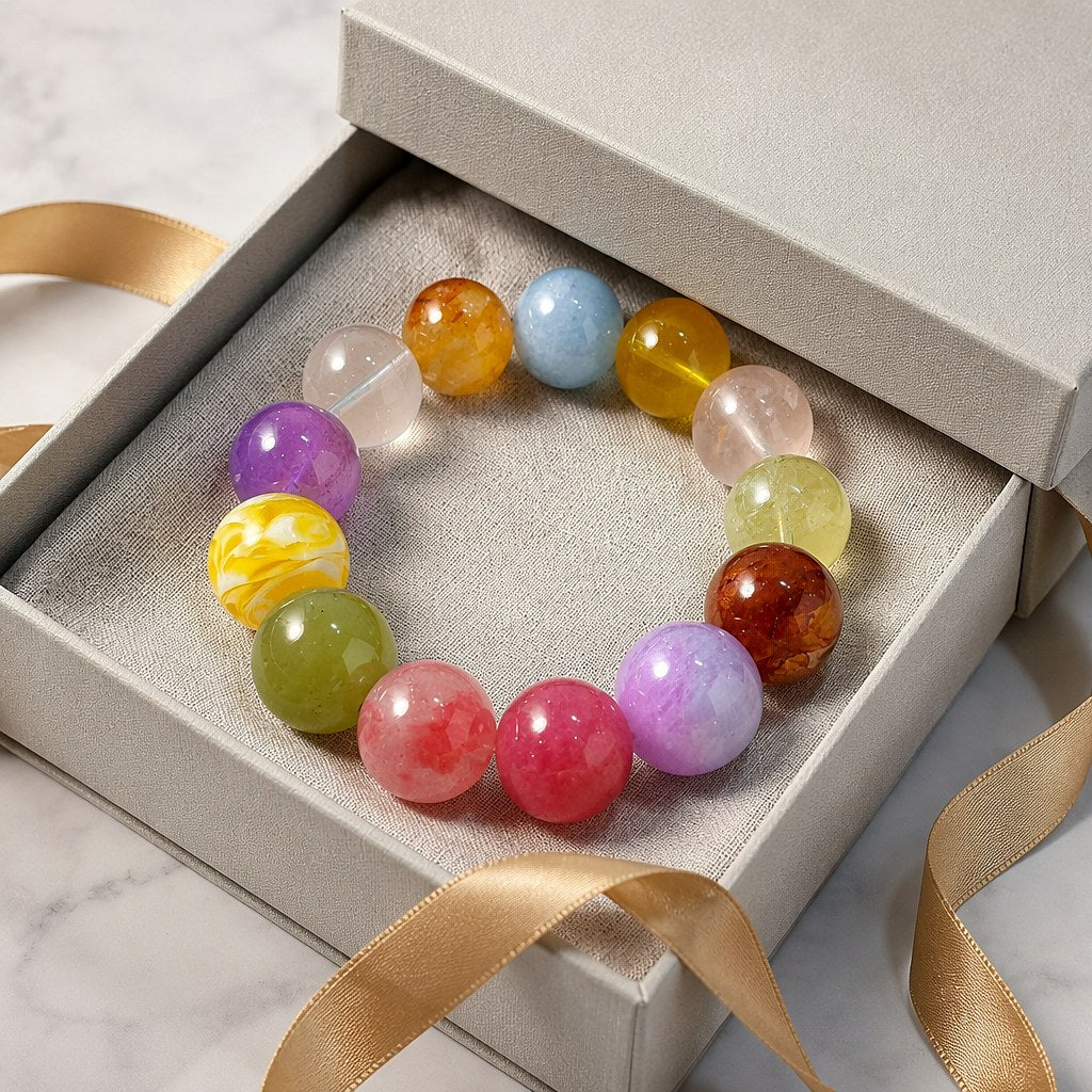 Radiant Treasures multi-crystal stretch bracelet with 15mm candy-colored amethyst, aquamarine, citrine and rose quartz b