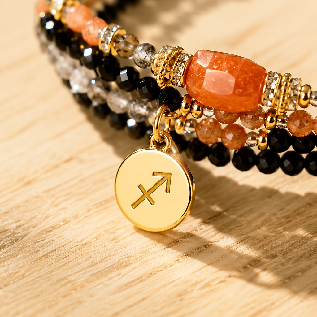 Sagittarius zodiac triple-wrap bracelet with black tourmaline beads, a 7mm sunstone statement bead, clear quartz spacers