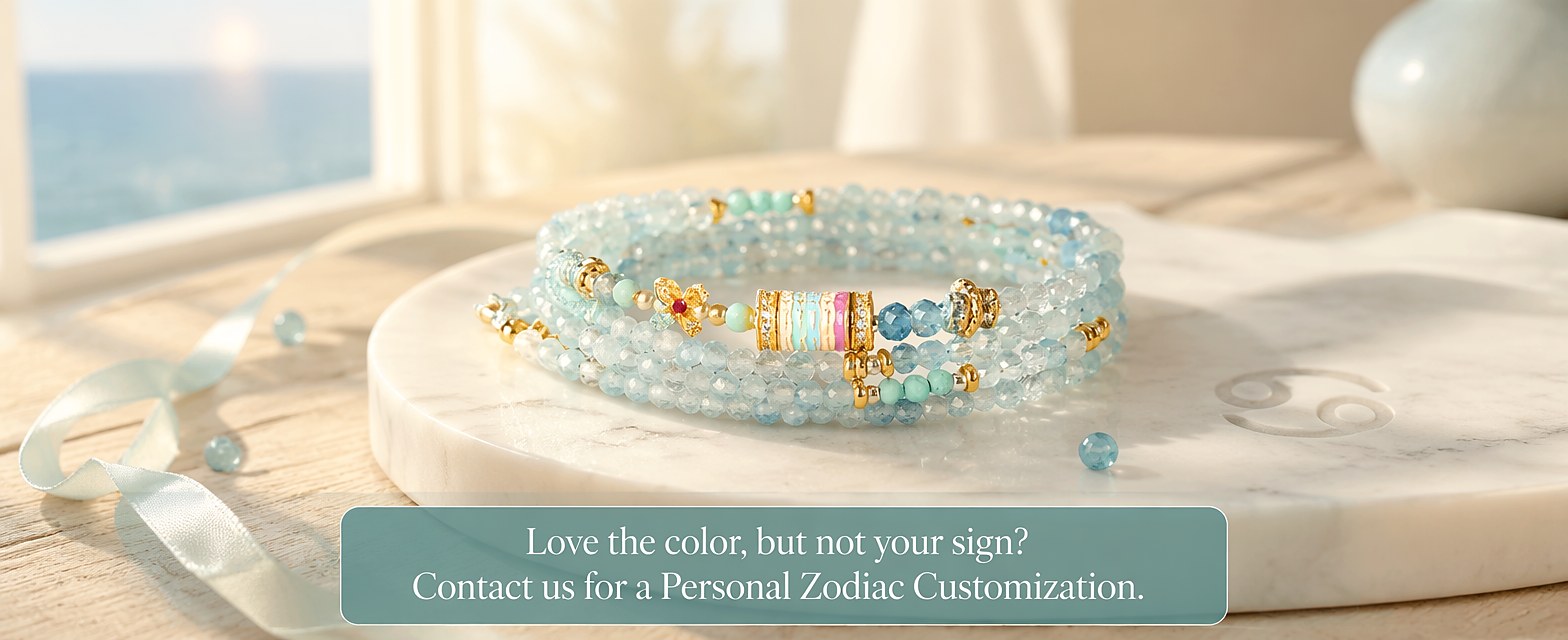 Cancer zodiac triple-wrap bracelet in 3mm faceted aquamarine with turquoise accents, five-color enamel barrel bead, gold