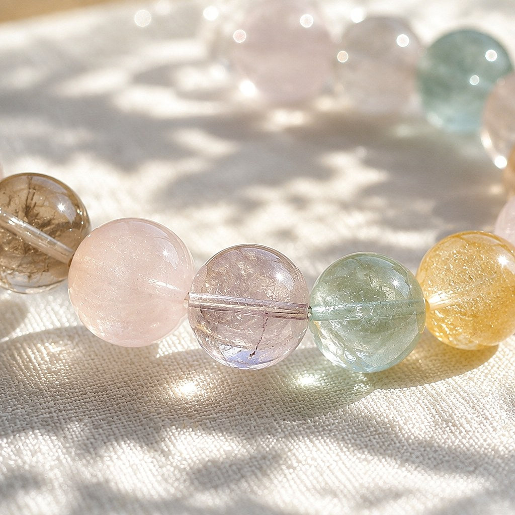 Radiant Treasures multi-crystal stretch bracelet with 15mm candy-colored amethyst, aquamarine, citrine and rose quartz b