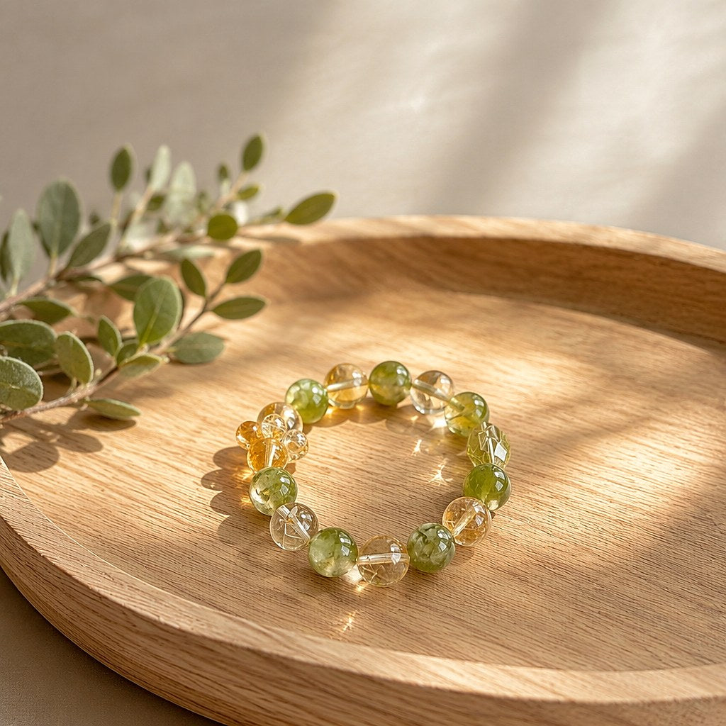 Lemon Bubble citrine, Xiuyan jade and clear quartz beaded stretch bracelet with carved citrine flower bead