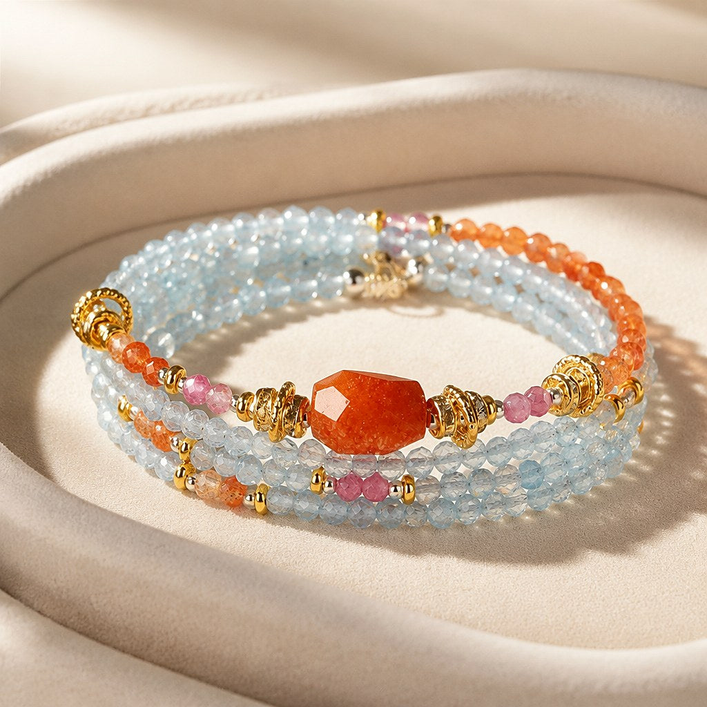 Leo zodiac triple-wrap bracelet with faceted blue aquamarine mini beads, 13mm sunstone statement bead, pink tourmaline a