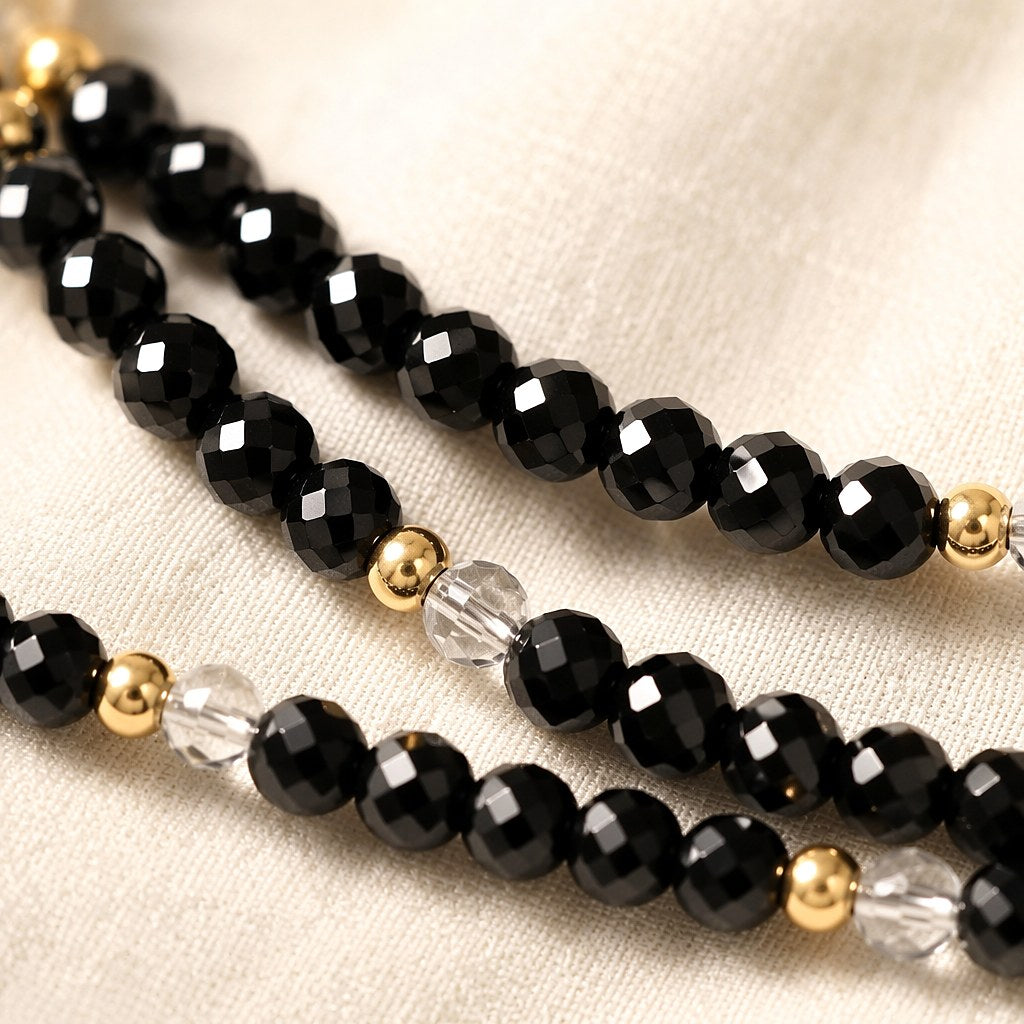 Scorpio zodiac triple-wrap bracelet in faceted black tourmaline with a 7mm clear quartz statement bead, citrine accents,