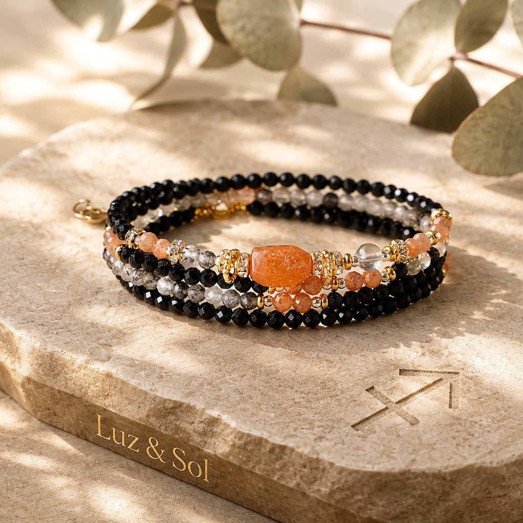 Sagittarius zodiac triple-wrap bracelet with black tourmaline beads, a 7mm sunstone statement bead, clear quartz spacers