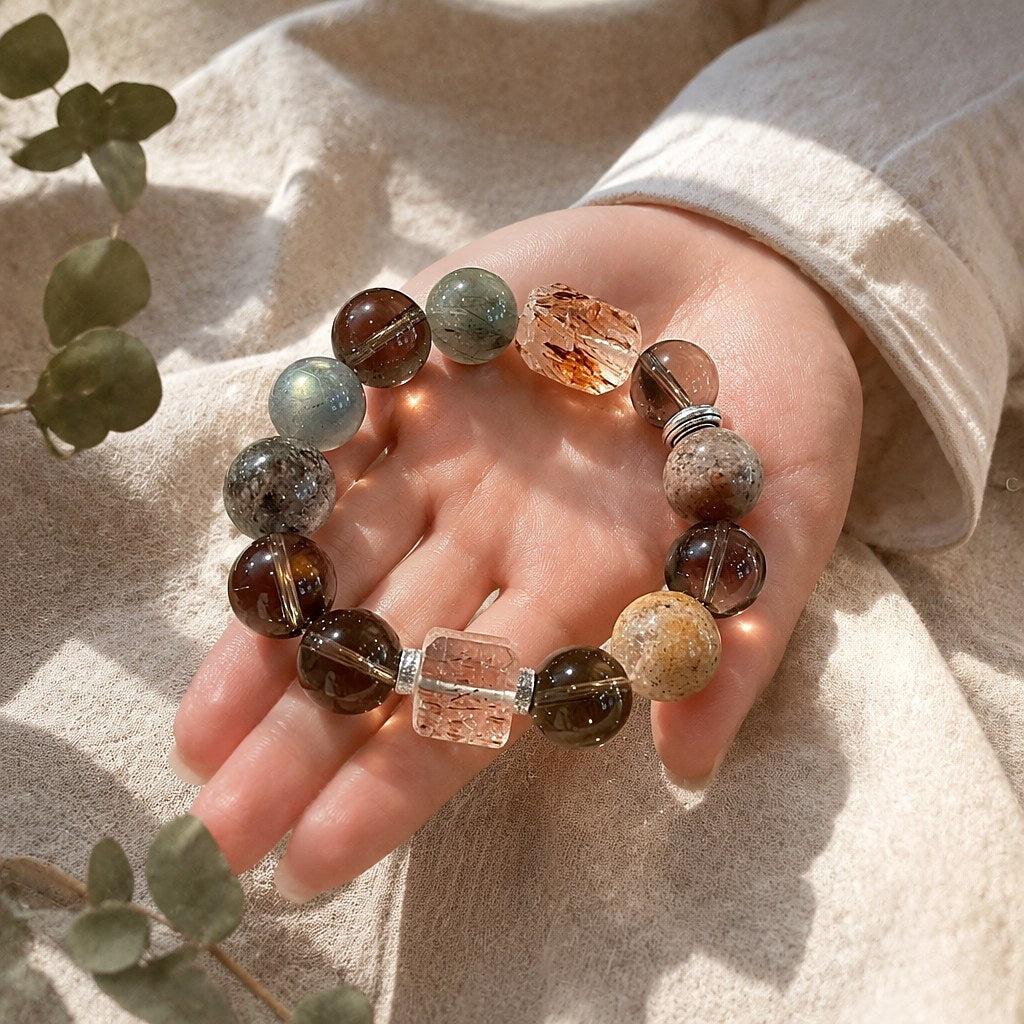 Tierra Dorada super seven, smoky quartz, green phantom quartz and moonstone beaded stretch bracelet in earthy brown, sag
