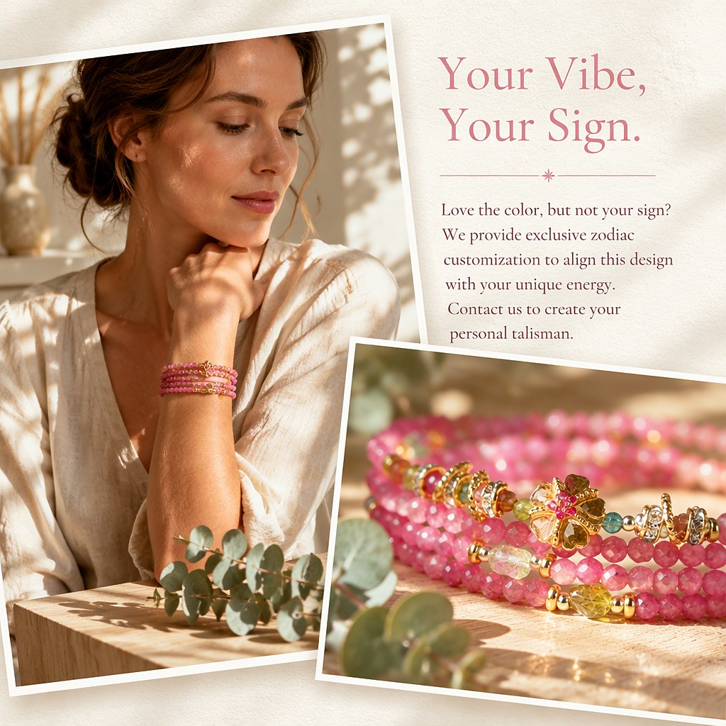 Gemini zodiac triple-wrap bracelet in faceted pink and multicolor tourmaline with sterling silver five-petal flower char