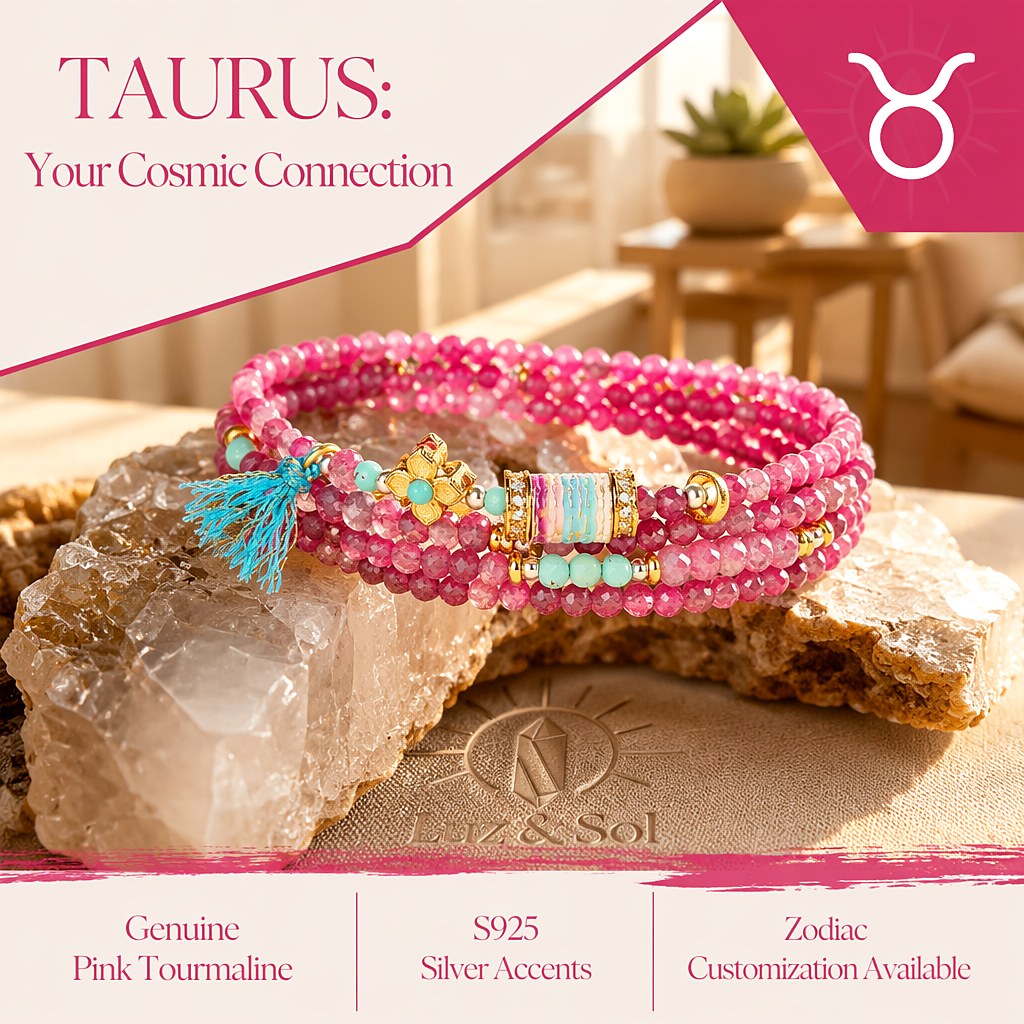 Taurus zodiac triple-wrap bracelet with faceted pink tourmaline mini-beads, turquoise accents, gold-tone Taurus charm an